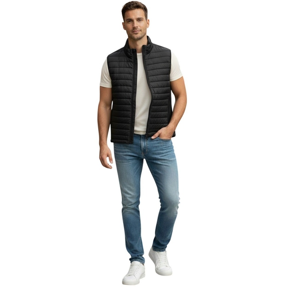 Mens Black Quilted Puffer Vest Lightweight Packable Full‎ Zip Casual Outdoor